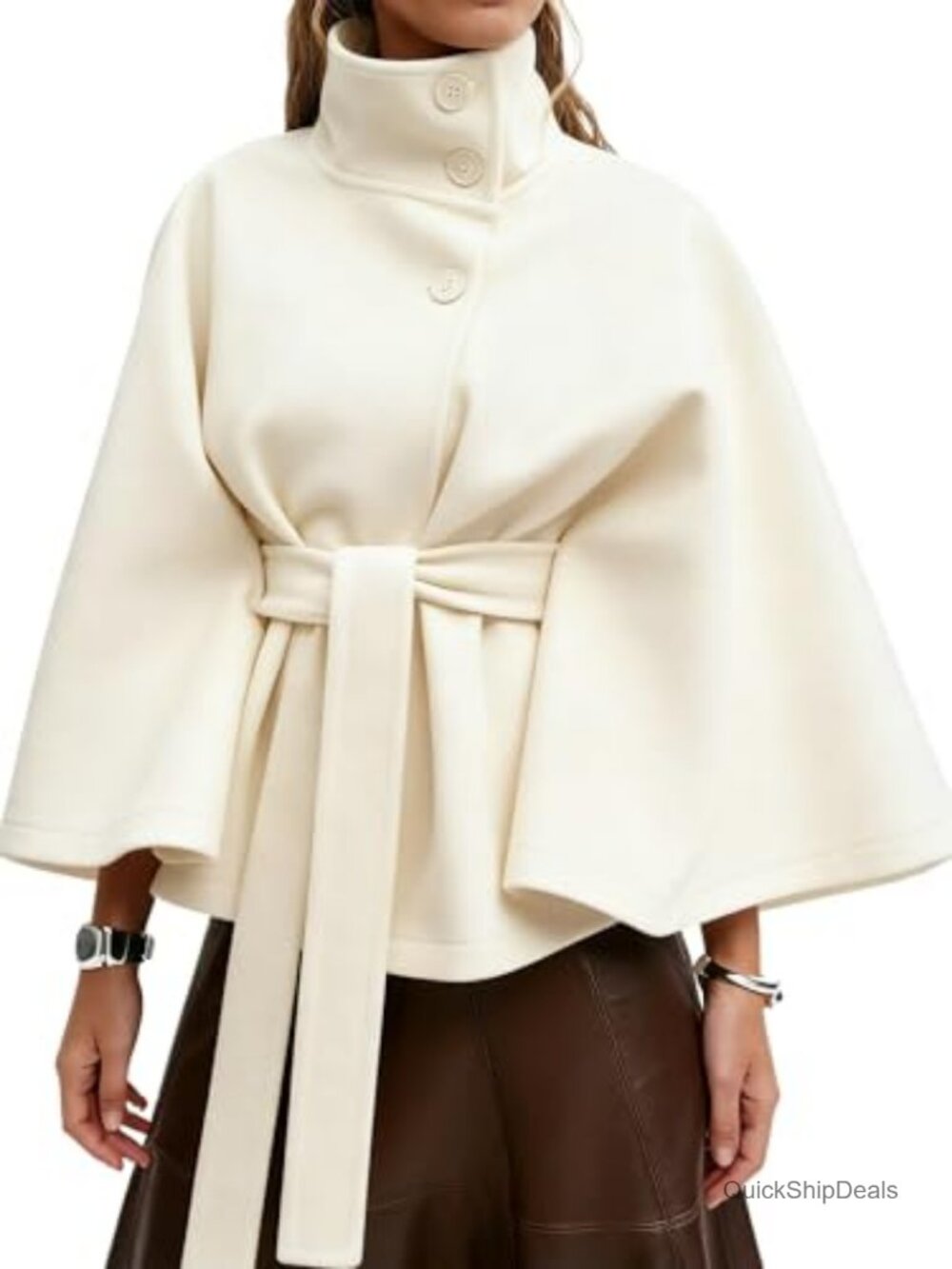 Wool Blend Cape Coat Women's Cropped Peacoat Batwing Sleeve